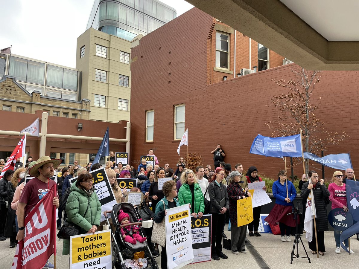 HAPPENING NOW: <a href="/HACSUTasmania/">HACSU Tasmania</a> and <a href="/ANMFTasmania/">ANMF Tasmania</a> are rallying outside the Executive Building, demanding more be done to support vulnerable Tasmanians impacted by the St Helen’s Private Hospital closure.