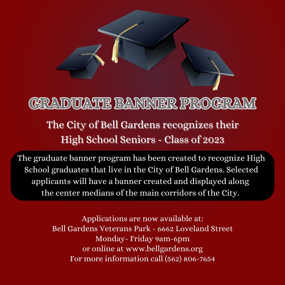 bellgardenscity's tweet photo. 🎓GRADUATE BANNER PROGRAM
The City of Bell Gardens recognizes their High School Seniors – Class of 2023
APPLICATION SUBMISSION:
-Application deadline: Friday, June 9
https://t.co/yYTqvK0CVQ
@bgrecreation @bellgardenspolice
#BellGardens #BG #CityOfBellGardens #BGHS #BGRec https://t.co/jEYRFSWzGe