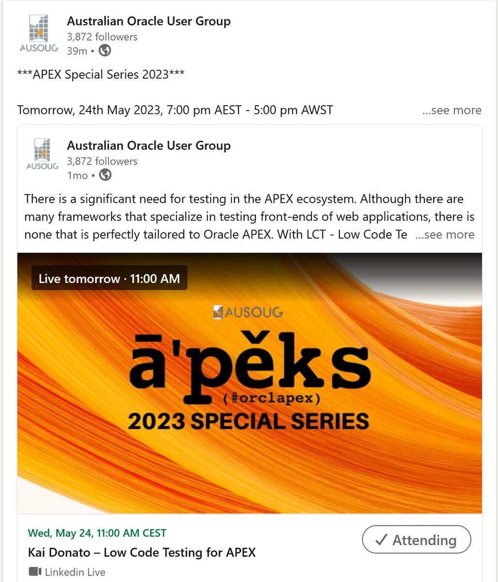 AUSOUG's tweet image. To #orclapex people who want to learn about #automatedTesting #ausoug has a session for you
No registration needed - it is free for all
Just make sure you join us on time linkedin.com/events/7056243…
with @_KaiDonato in a driving seat 24th of May - 7pm AEST, 11am CET
