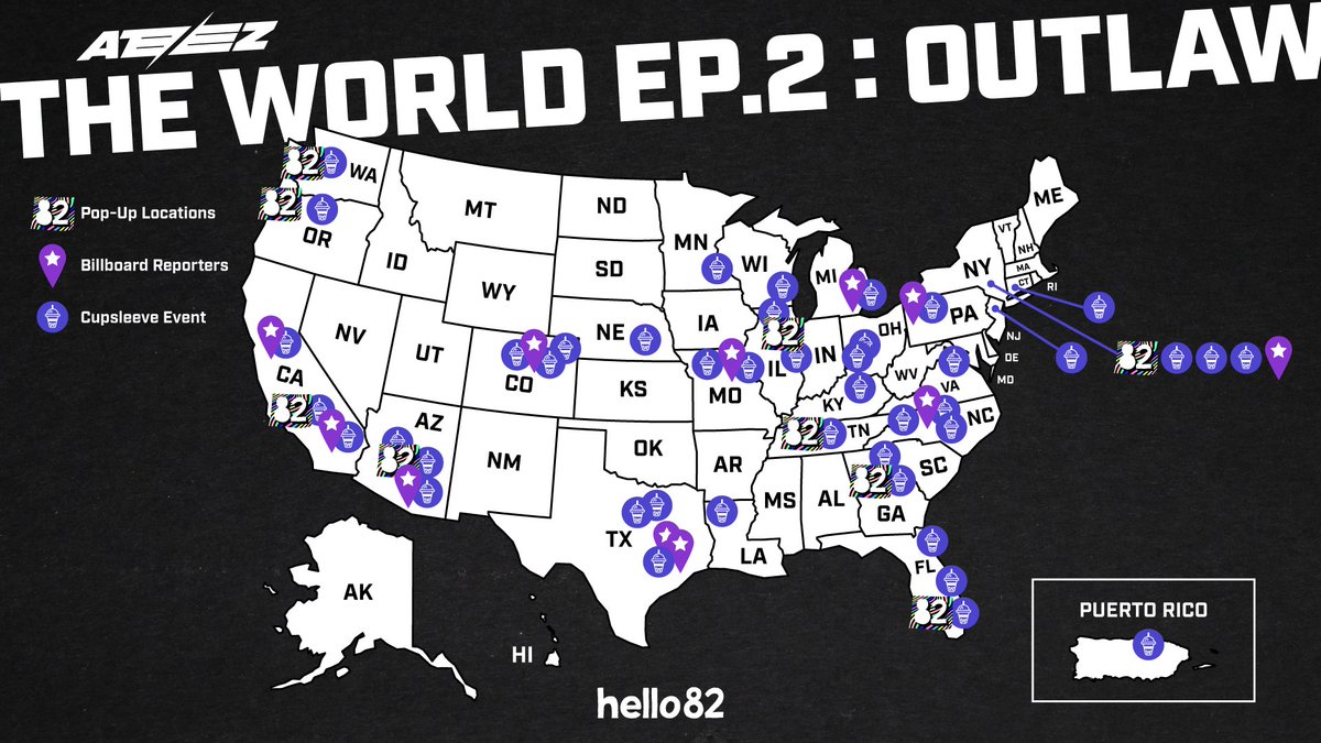 ATEEZ - THE WORLD EP.2 : OUTLAW 
We've got you covered this comeback! 
Check out 🎉 hello82.shop > Announcement Page 🎉 for all U.S. POP-UPs and cupsleeve event locations to celebrate ATEEZ's new album with us! BOUNCE! 

🔗 hello82.shop/blogs/announce…

<a href="/ATEEZofficial/">ATEEZ(에이티즈)</a>