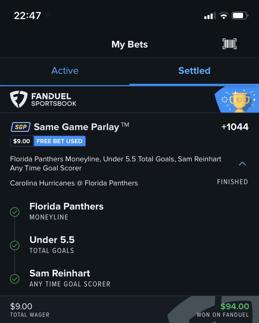 Nothing hits better than a free bet parlay 😎💰✅

#FanDuel #StanleyCupPlayoff #bettingtwitter