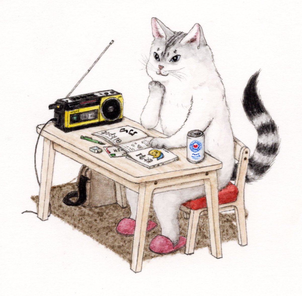 no humans cat traditional media table sitting colored pencil (medium) chair  illustration images