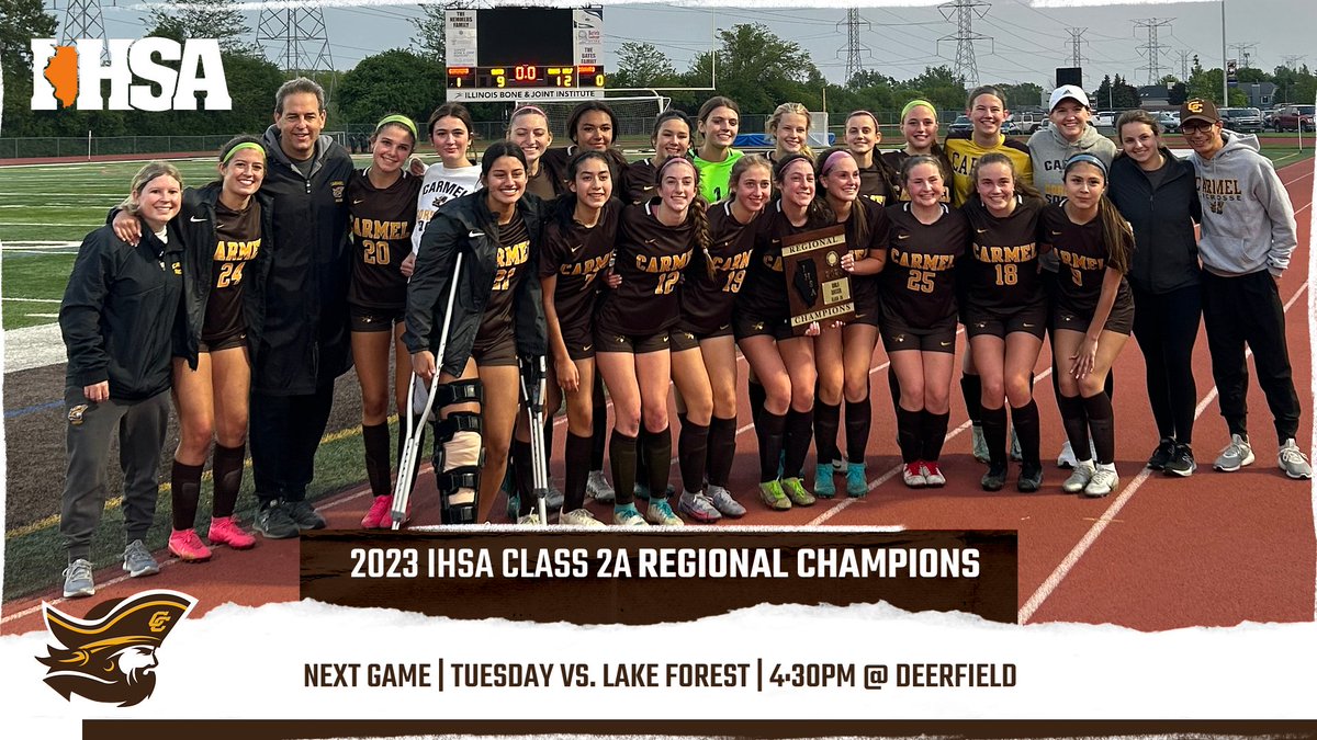 CarmelCorsairs's tweet photo. Coach Kile and the Carmel Catholic Girls Soccer team are Regional Champions! Congratulations to the Corsairs, who return to the pitch on Tuesday afternoon for an IHSA Sectional Semifinal match-up against Lake Forest. Kickoff is set for 4:30PM at Deerfield High! 🤎💛#SailSairs https://t.co/LmTwKRo7nw