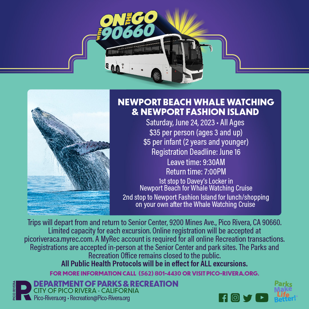 PicoRiveraCity's tweet photo. Do some Whale Watching in Newport Beach and then some Shopping at Newport Fashion Island with the City's Trips and Tours program on Saturday, June 24 from 9:30 a.m. to 7:00 p.m.
Register today at https://t.co/h8bhGbzjJq
For more information, call 562.801.4430. https://t.co/XwpxlL6gig