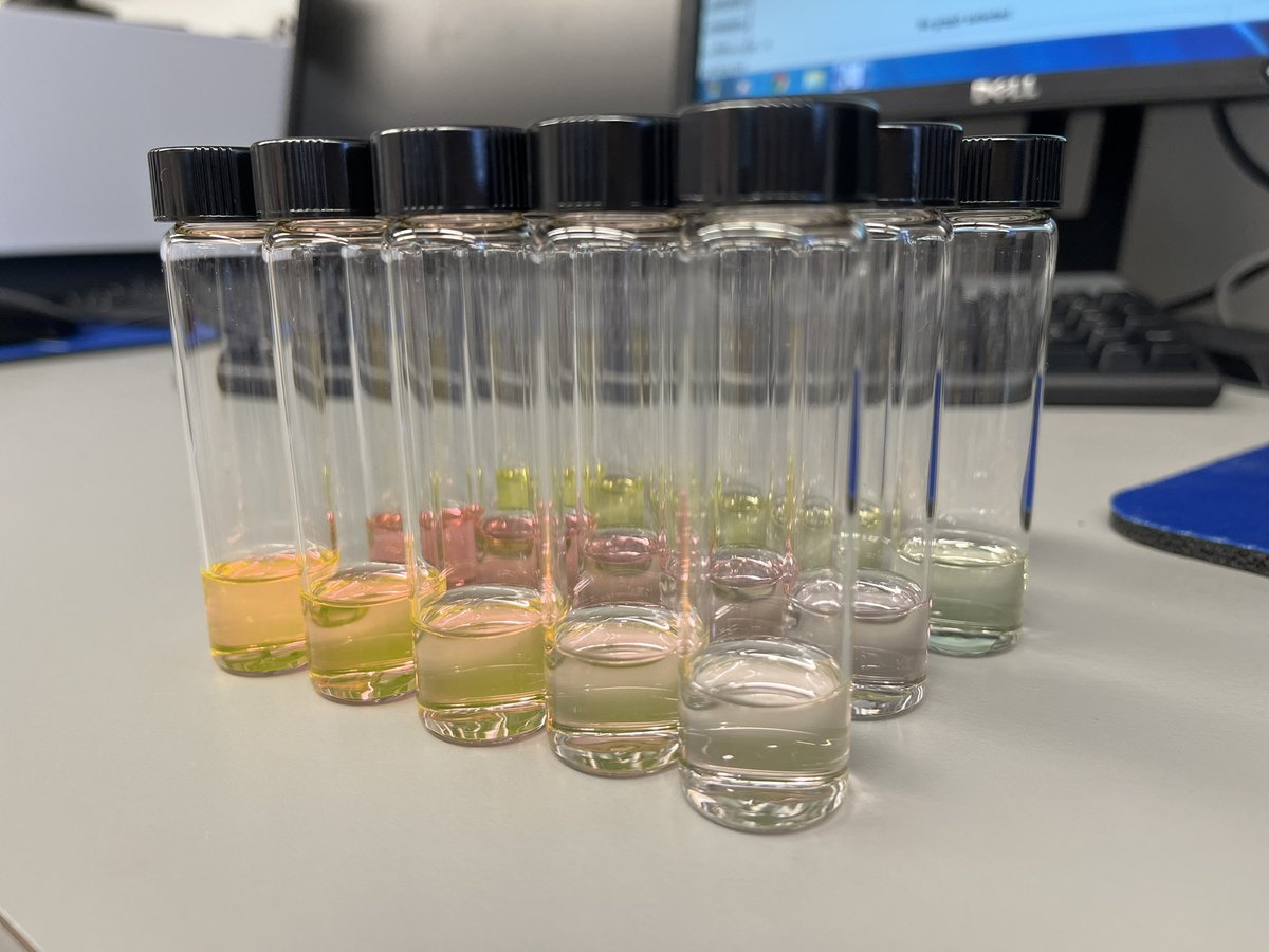 AFMCLab's tweet photo. Looking at satisfying color gradients of your compounds can make doing concentration curves slightly more enjoyable. #OrganicChemistry #OrganicSensor #ChemTwitter #AFMCLab https://t.co/fmcP8lutVs