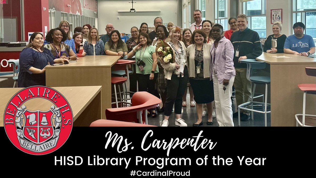 BellaireHigh's tweet photo. We are celebrating Ms. Carpenter for all of her hard work this year!  HISD selected her program as the top library program in the district. Being Librarian of the Year is a big deal!  Swing by and tell her congratulations! https://t.co/rNqjvcZino