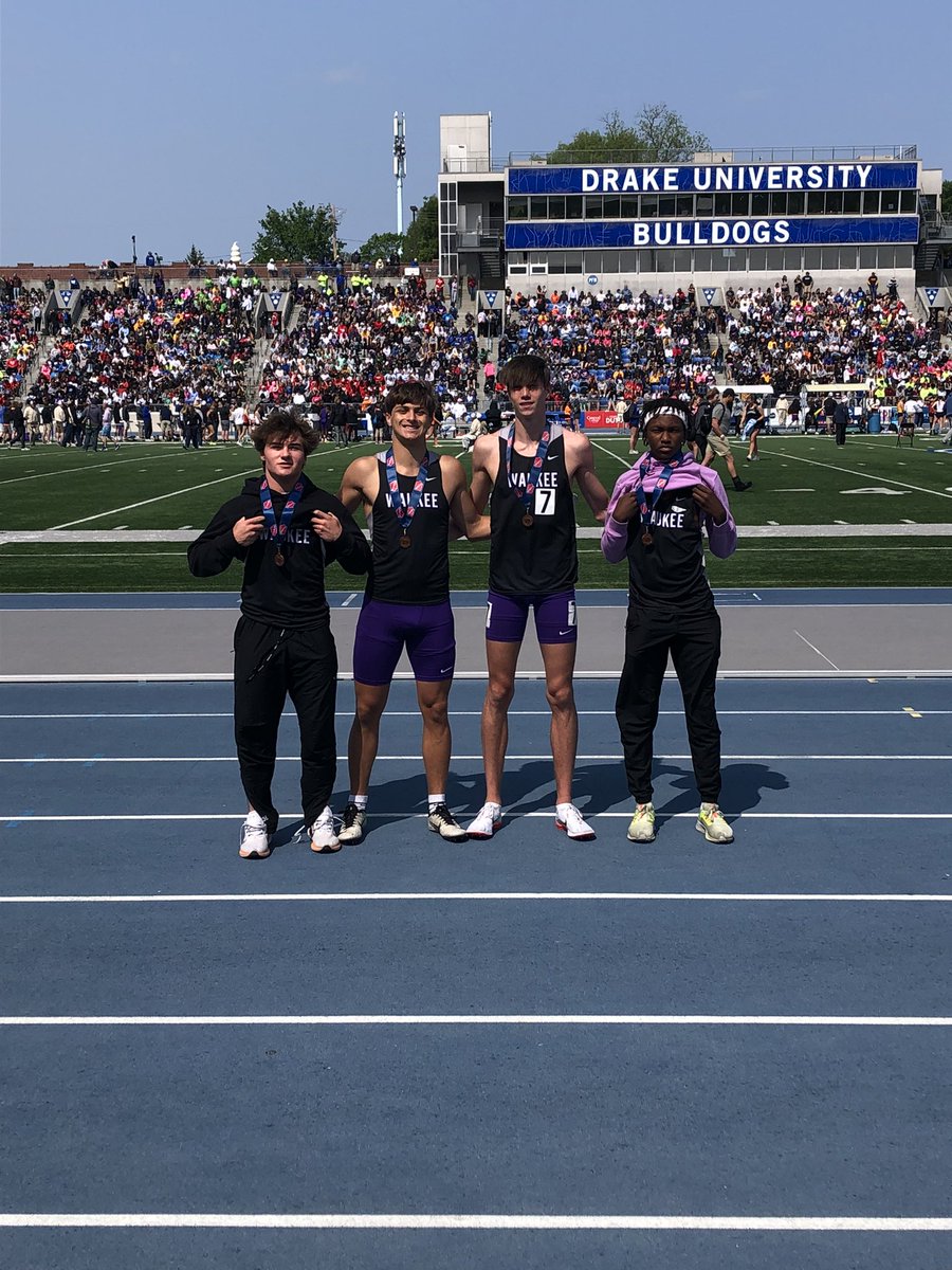 WaukeeBoysTrack's tweet photo. Distance Medley Relay Team of: S. Anzevino, L. Struck, T. Lembechwa, and G. Weber Places 6th at the State Track and Field Meet #GoWarriors #Team23 #TRIBE https://t.co/F0qvl8MZ00