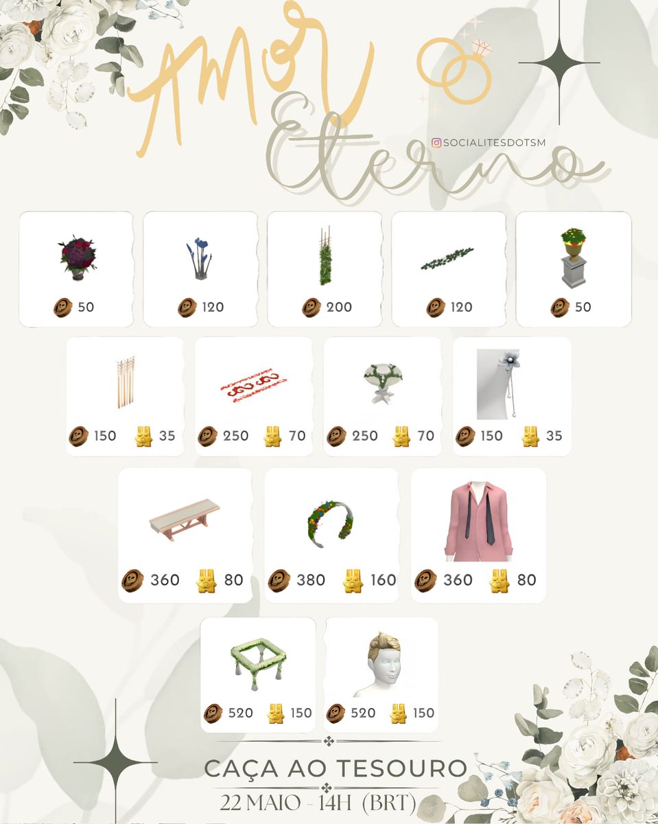 Socialitesdotsm's tweet photo. Caça ao Tesouro (TH) - Eterno Amor
Já sabem quais são a os prêmios? Você não sabe? Ok, aqui estão as imagens. Aproveitem esse evento lindo. 🥰😊
1/2

#TSM #TheSimsMobile https://t.co/16gf3qgp4H