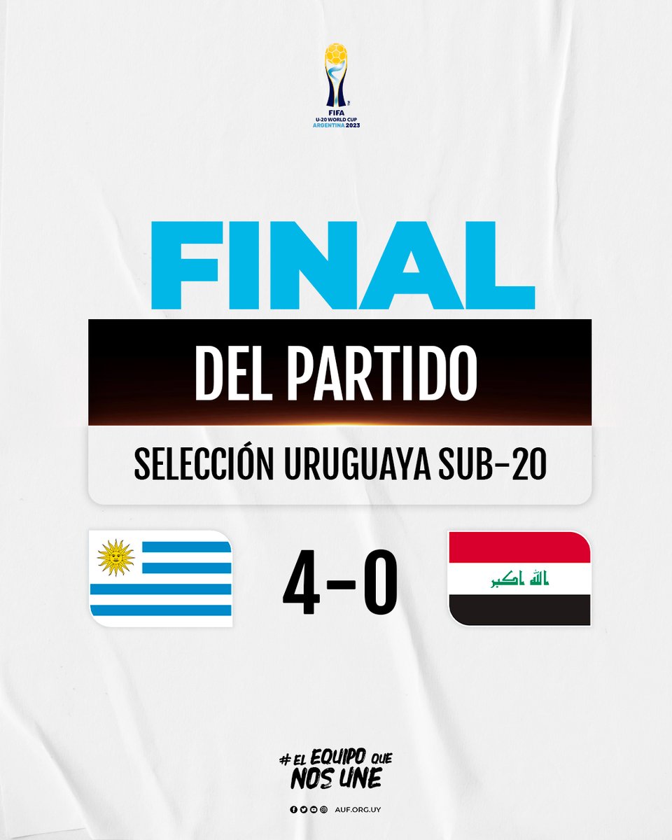 🇺🇾 ¡𝙂𝘼𝙉𝙊́ 𝙐𝙍𝙐𝙂𝙐𝘼𝙔!

<a href="/Uruguay/">Selección Uruguaya</a> 4-0 Irak  

⚽ Matías Abaldo
⚽ Andrés Ferrari
⚽ Facundo González 
⚽ Alan Maturro

📌 <a href="/FIFAWorldCup/">FIFA World Cup</a> sub-20

#ElEquipoQueNosUne