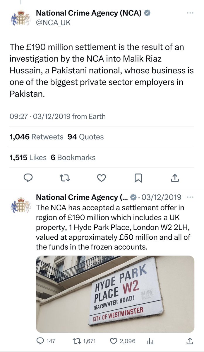 ilatif's tweet photo. @Kamran_Yousaf @khanaslamshahid @ImranKhanPTI Why would any kosher man deal with #MalikRiaz focus for #dirtymoney probe of #NationalCrimeAgency UK? He made a settlement, his 190m £ frozen funds with @NCA_UK on 3rd Dec 2019 were released to be repaid to🇵🇰exchequer, suspiciously adjusted against a due #SCfine.1/2 https://t.co/4x45O2sAVt