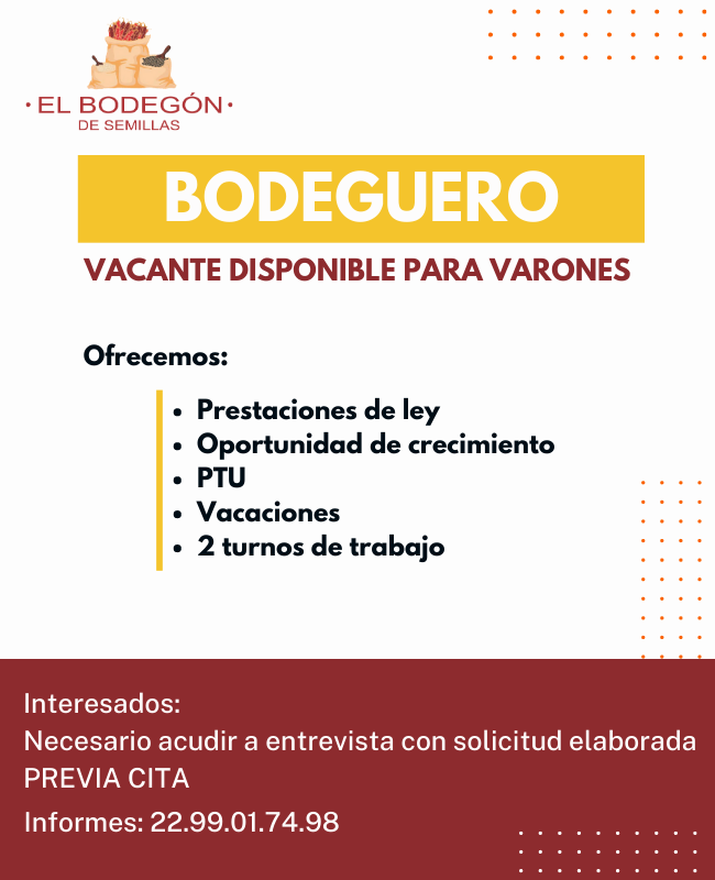 bodegonsemillas's tweet photo. Oportunidad de empleo
Vacante disponible Bodeguero

#veracruz #trabajo #vacante #empleo https://t.co/UYbyoac6Gn