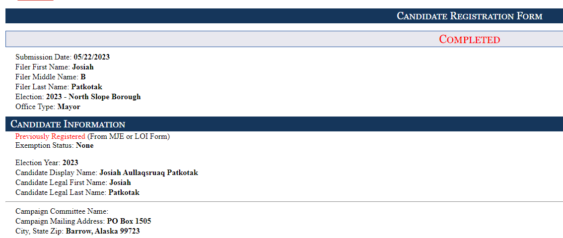 Alaska Rep. Josiah Patkotak (I-Utqiagvik) has filed to run for North Slope Borough mayor. #akleg