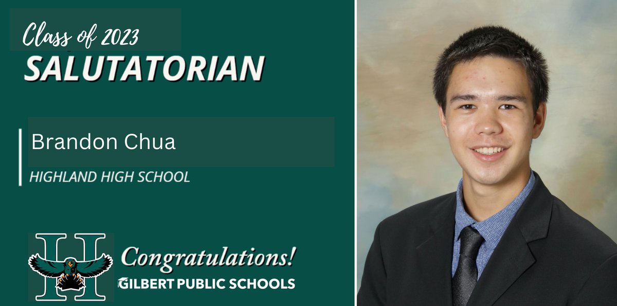 GPS_District's tweet photo. Congratulations to @Highland_Hawks Class of 2023! We are so proud of you all! 
Valedictorian - Hunter Niimi 
Salutatorian - Brandon Chua 
#GilbertPublicSchools #GilbertGold #ConnectCreateCare #Classof2023 #GPSFamily https://t.co/s1l0LvTQPU