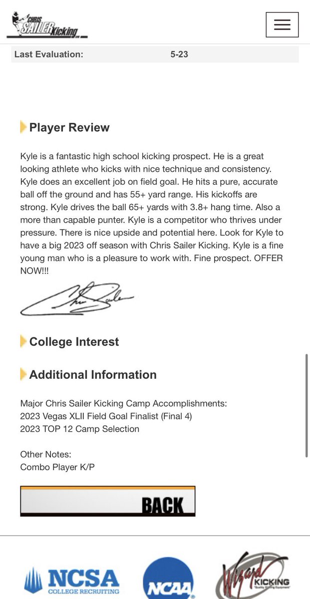 Kyle_b2005's tweet photo. Honored to have been upgraded to a 5 ⭐️ kicker by @Chris_Sailer. Still plenty of room to grow and can’t wait for the Top 12 competition and what this fall has in store! https://t.co/b5CiAAHugD