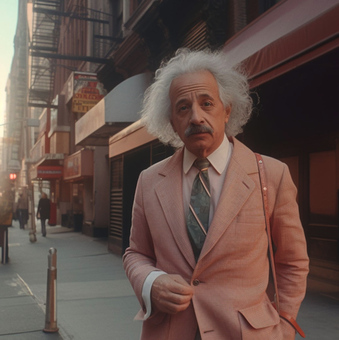 AlbertEinstein's tweet photo. This is not an actual photo of Einstein. An artist put this incredibly specific prompt into an AI engine: 1960s street style photo of Einstein in Soho New York, wearing Giorgio Armani suit, sunset, shot on Agfa Vista 200, 4k. See more AI pics of Einstein: https://t.co/oDNMTMbWNF https://t.co/hYzO83squa