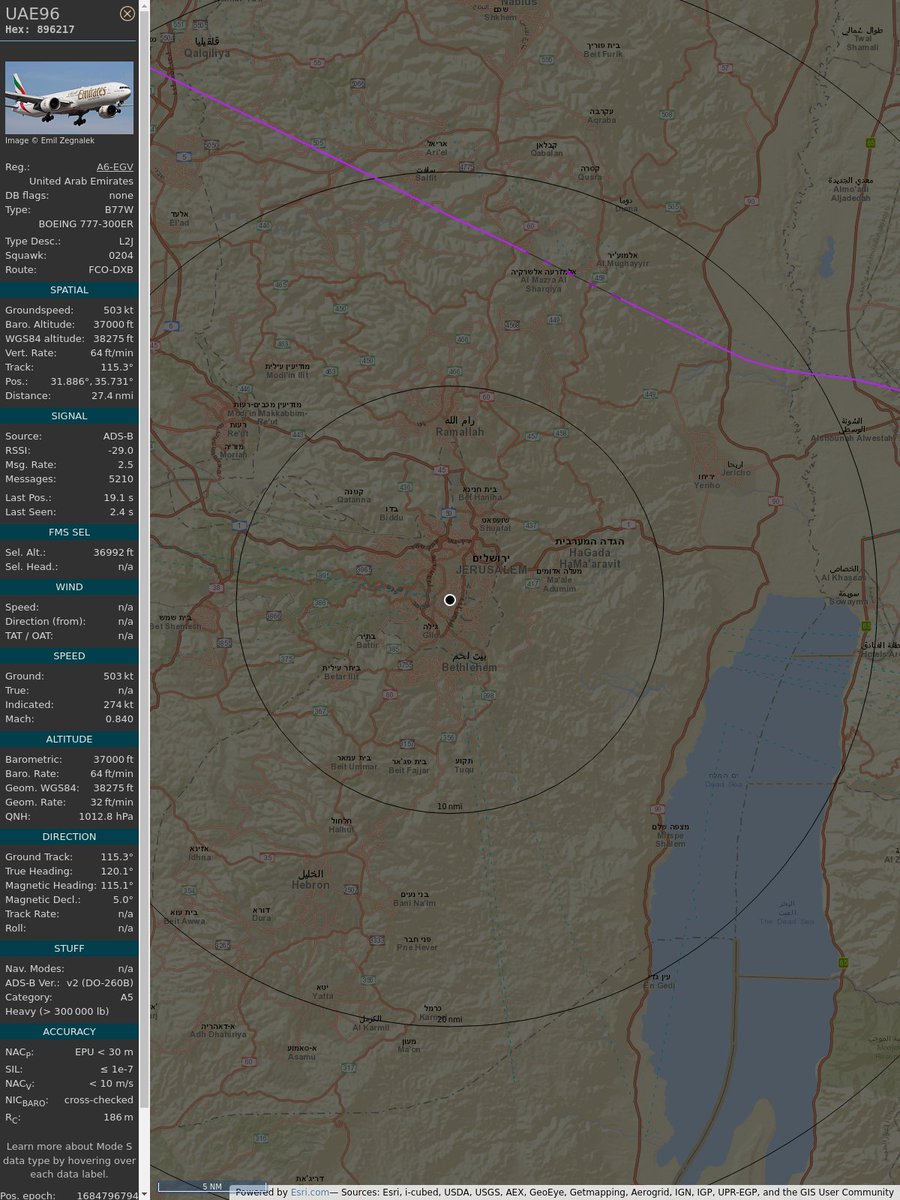 AboveJerusalem's tweet photo. ICAO: 896217
Flt: UAE96 #EmiratesAirlines #FCO-#DXB
First seen: 2023/05/23 02:04:08
Min Alt: 11270 m MSL
Min Dist: 29.89 km

#planefence #adsb
https://t.co/3ovbSNUipd https://t.co/3epUVSJNUW
