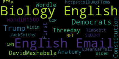 Trending in my timeline now:  #Biology (11)  #English (11)  #Email (11)  #Trump (2)  #Democrats (2)  #First (1)  #Anatomy (1)  #Threeday (1)