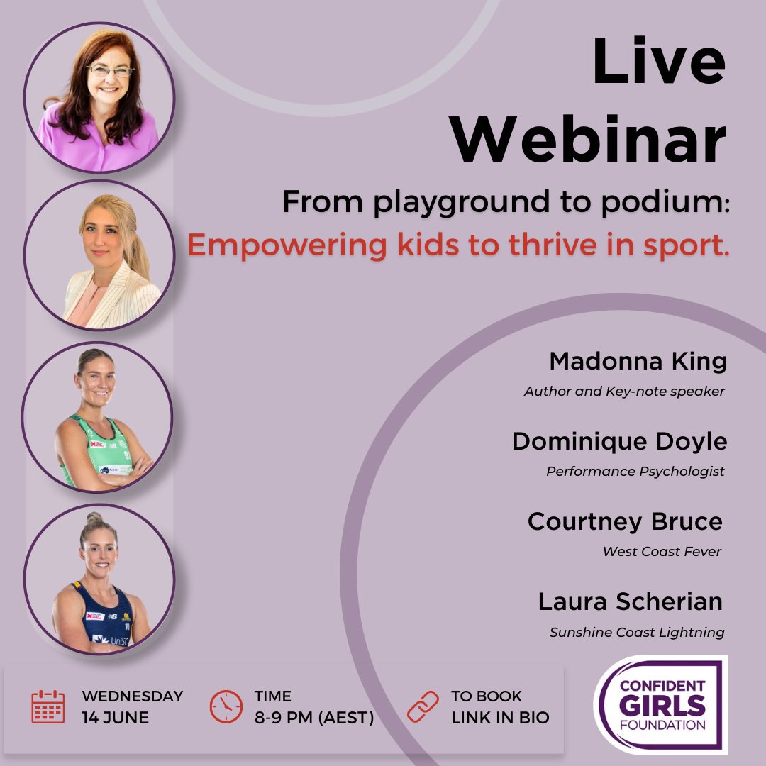 Confident Girls Foundation are delighted to offer this 60-minute online webinar designed for parents of 10-12 years old. This webinar will provide you with invaluable insights and practical strategies to support their sporting success. 
<a href="/NetballAust/">Netball Australia</a> 

from-playground-to-podium.raisely.com