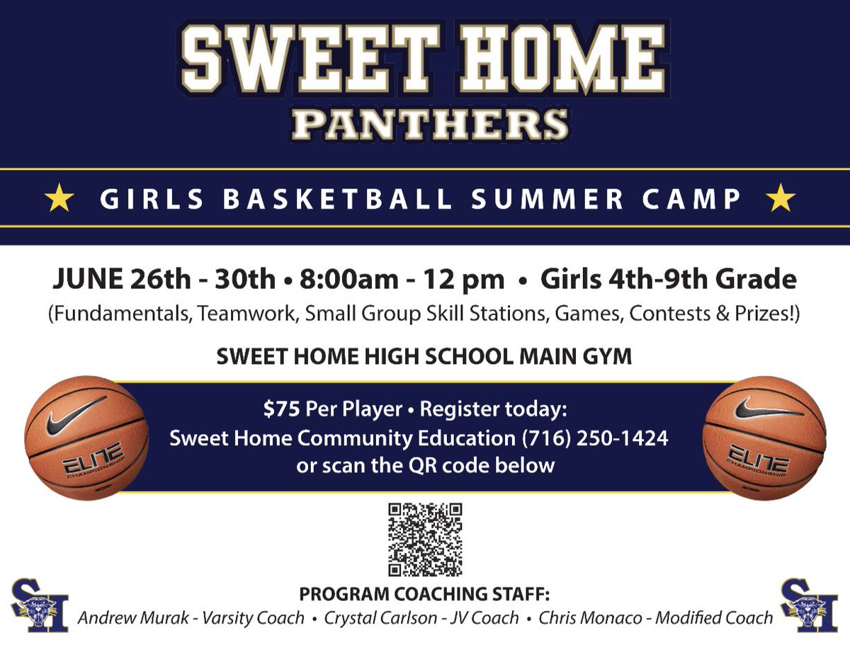 Best girls basketball camp around! Open to any girls in grades 4-9. We want to see as many future Sweet Home Panther ballers as possible but it is open to any girl in those grades in WNY. Hoping to see a big turnout to work on their game and have fun! 🟦🟨🏀🔥⛹🏻‍♀️