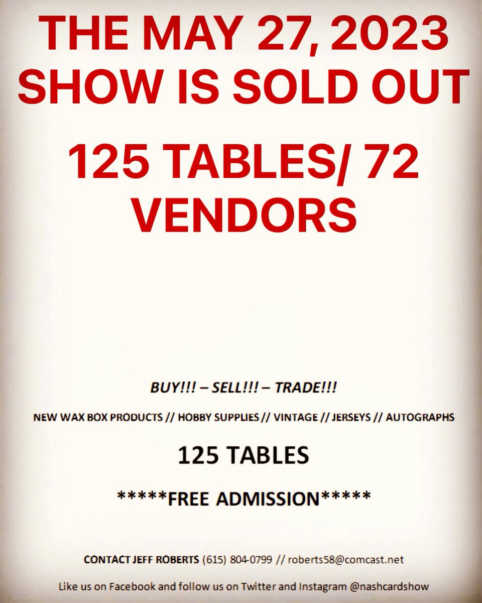 Our show this Saturday at Lighthouse Christian School, 5100 Blue Hole Rd., Antioch, will have 72 vendors with 125 tables. 8a-2p. Free Entry. #nashville #tennessee #SportsCards #Collectibles #memorabilia #collect #TheHobby #CardShow #Pokemon #Autographs