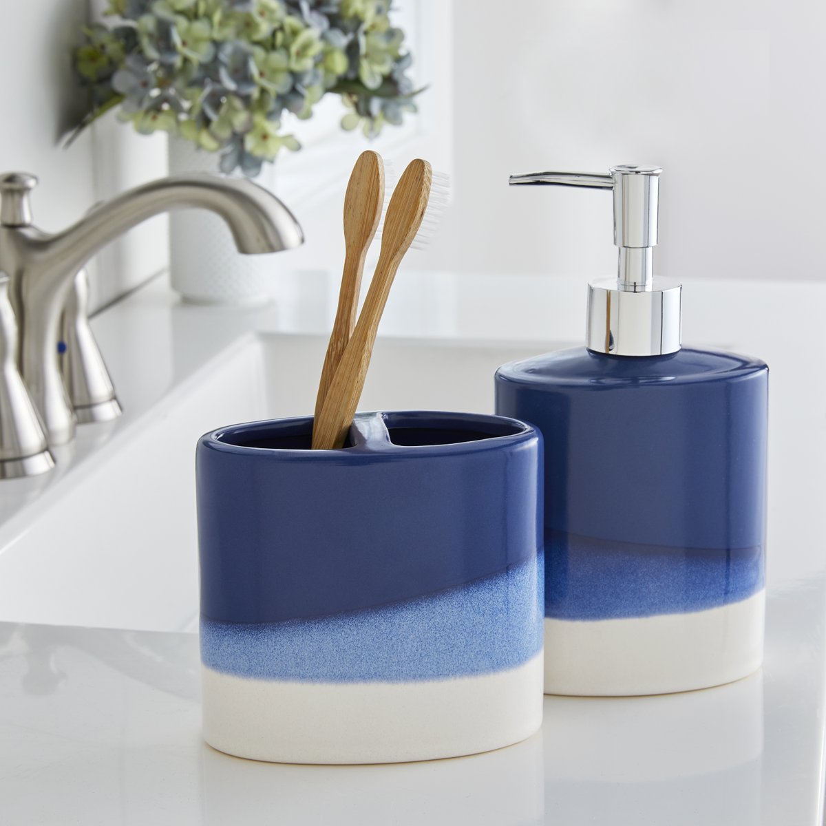 A wave of blue 🌊 Brighten up your space with beautiful hues of blue. Shop Eckhart Stripe towels, Alanya accessories and more, bit.ly/3IASVSO #sklhome #bluehues #bluedecor #bathroomdecor