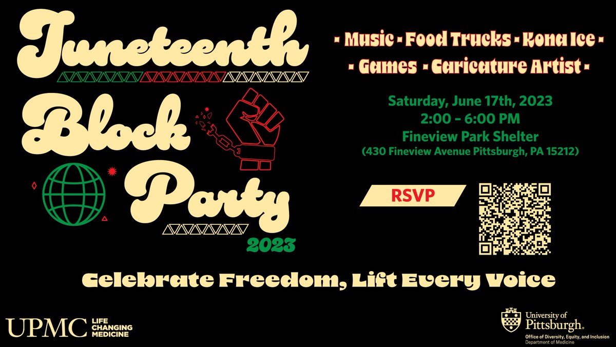 Please join us as we celebrate freedom and progress at the Juneteenth Block Party on Saturday, June 17th from 2-6pm at Fineview Park Shelter (430 Fineview Avenue, Pittsburgh, PA 15212). Please RSVP by June 15!
