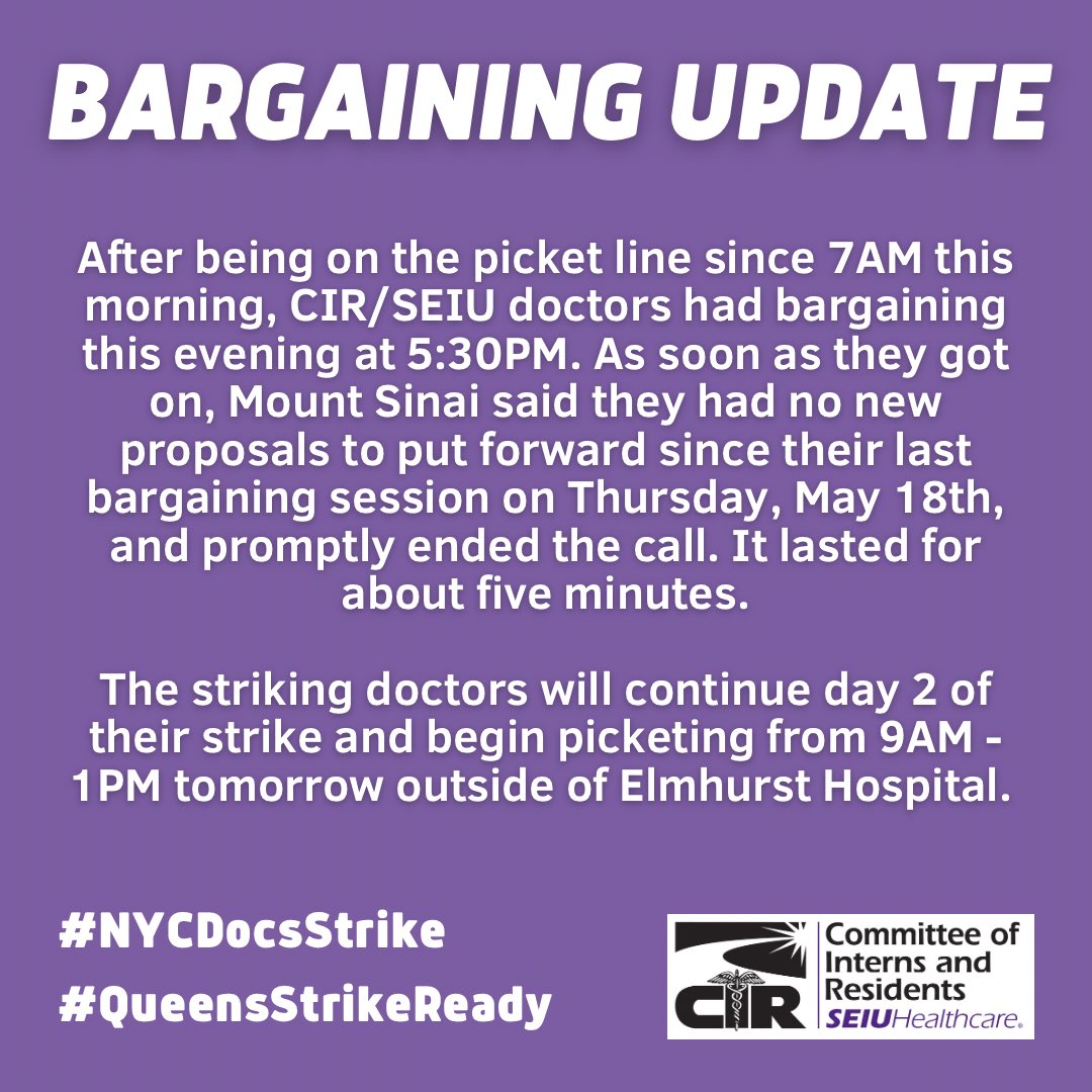 The complete disregard, just the utter disrespect, that <a href="/MountSinaiNYC/">Mount Sinai Health System</a> has for its workers would almost be shocking if you didn’t know them any better. See you tomorrow Sinai.

#NYCDocsStrike
#QueensStrikeReady