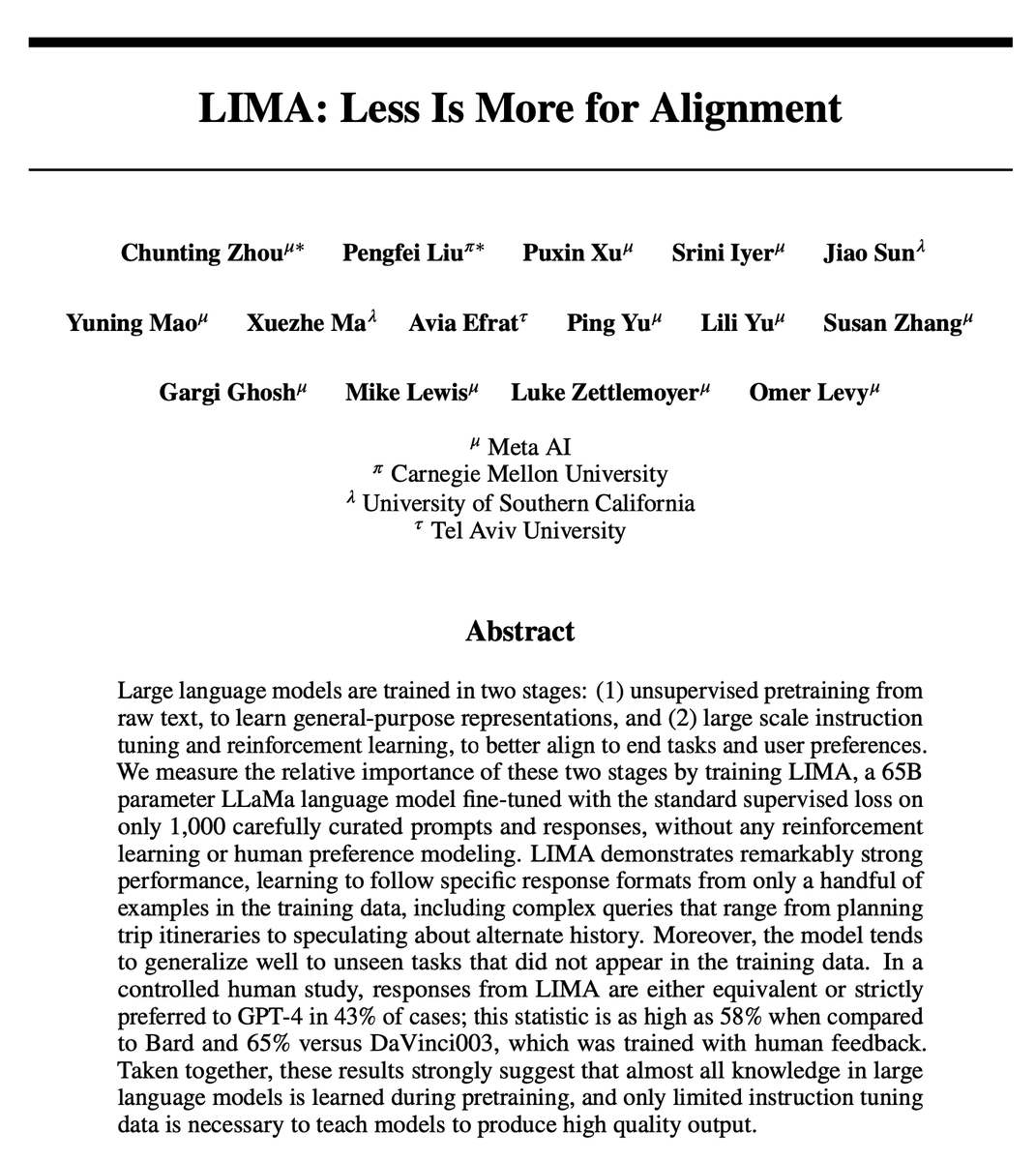 How do you turn a language model into a chatbot without any user interactions?

We introduce LIMA: a LLaMa-based model fine-tuned on only 1,000 curated prompts and responses, which produces shockingly good responses.
* No user data
* No mode distillation
* No RLHF