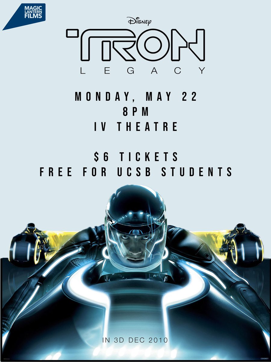 MagicLanternSB's tweet photo. Yo Gauchos!!!
Hope everyone is having a good Monday . We'll be screening "Tron: Legacy” at IV theater tonight at 8pm. Come join us!!! https://t.co/itSVUwb2i0