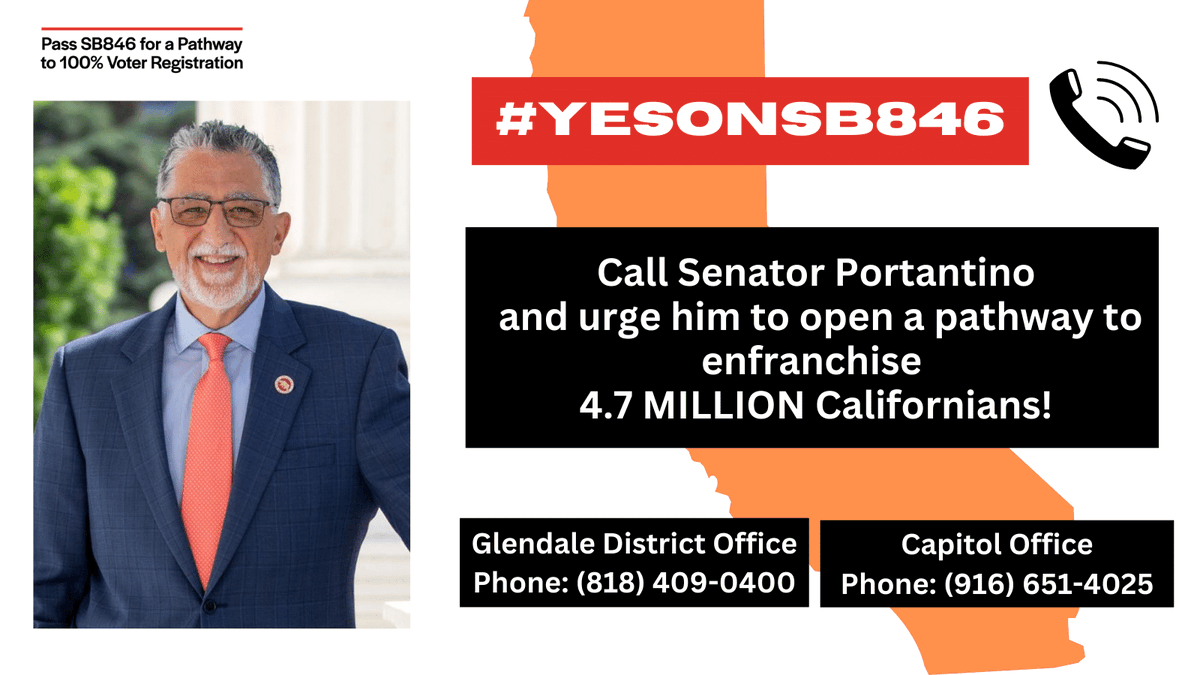 We are not ok with <a href="/Portantino/">Anthony Portantino</a> 's  decision to prevent SB 846 from moving forward in Senate Appropriations. If the bill dies, 4.7 MILLION eligible but unregistered Californians will continue to face voting barriers. Call Sen. Portantino to support #YesOnSB846.
