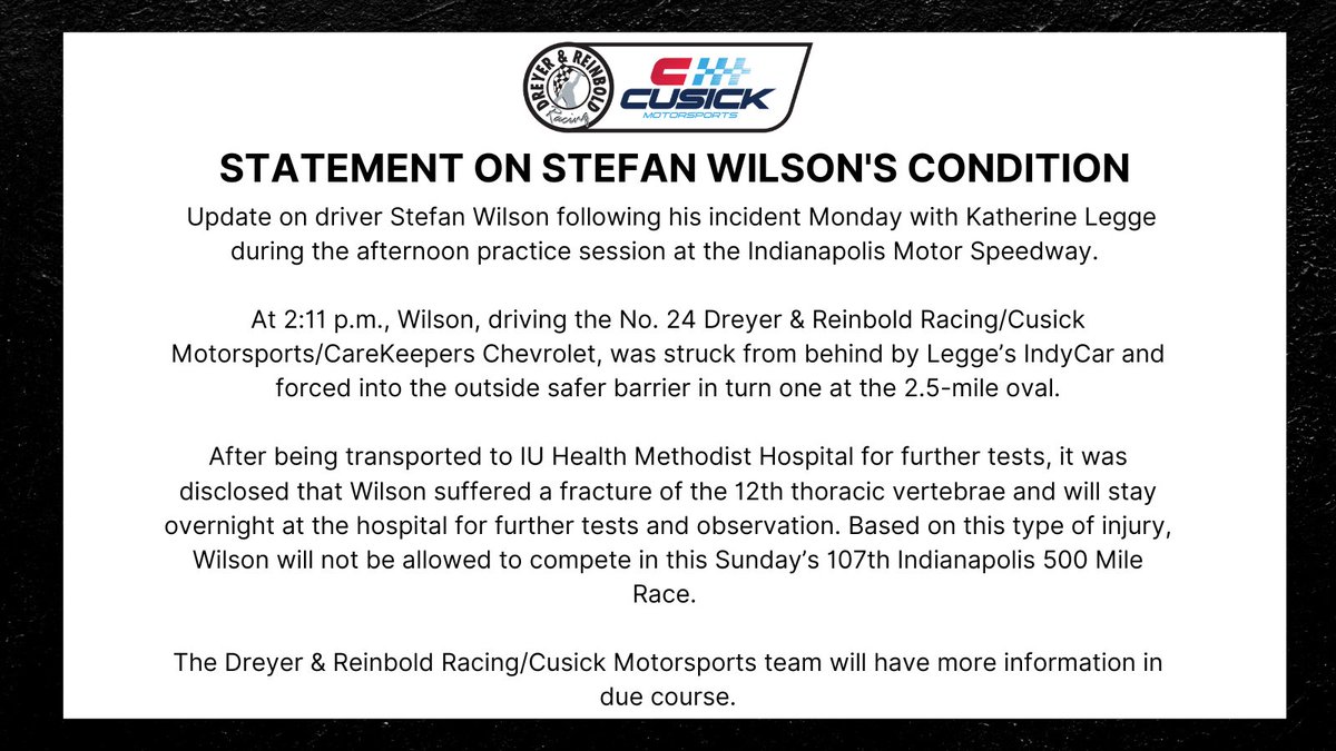 RT <a href="/tracksmackdawn/">Dawn Bartlett Hall</a>: RT <a href="/DreyerReinbold/">Dreyer & Reinbold Racing</a>: Statement regarding Stefan Wilson’s condition.