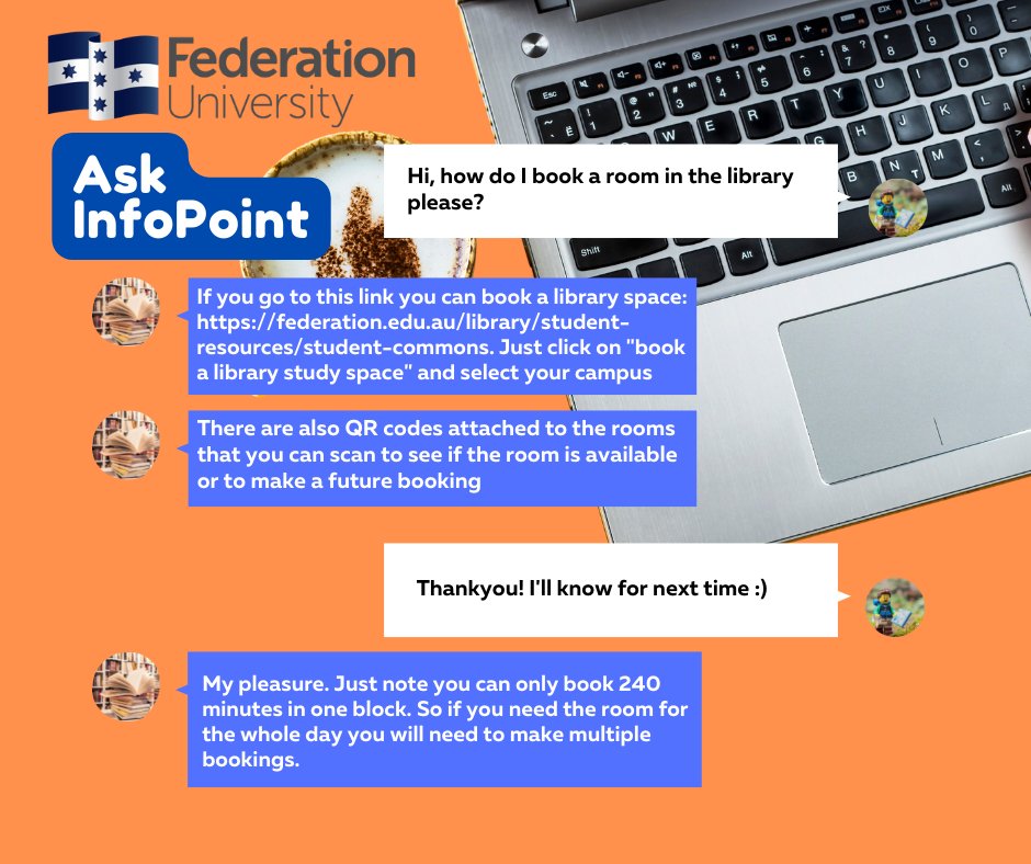 Our helpful library staff are only a click away! Chat with us now federation.edu.au/library,
email at libinfo@federation.edu.au, or call 1300 552 567