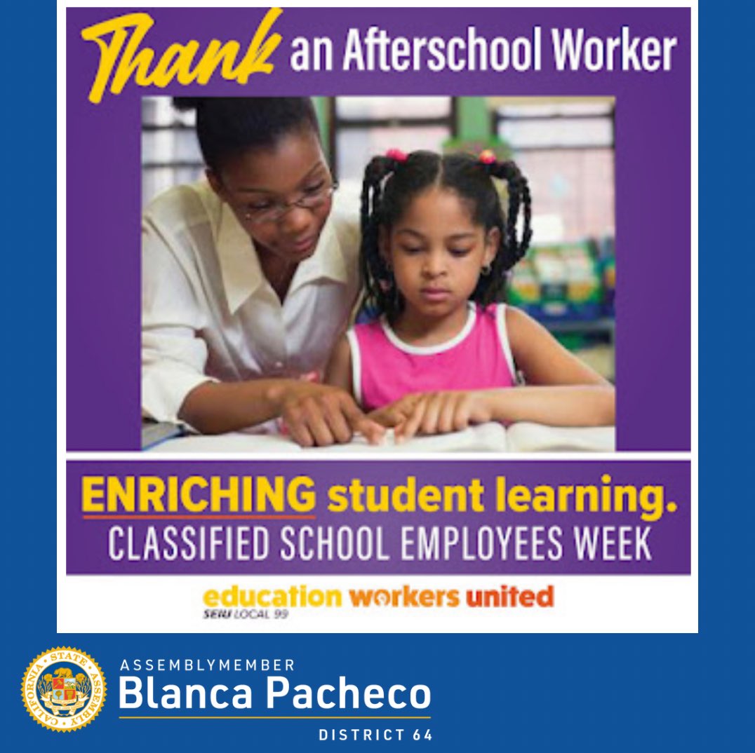 AsmPacheco's tweet photo. Happy Classified School Employees Week! Today we highlight this essential workforce at the frontline of education!
#ClassifiedSchoolEmployeesWeek #EssentialWorkforce #May21toMay27 #SEIULocal99 #FrontlineofEducation https://t.co/IA5B0FizIL