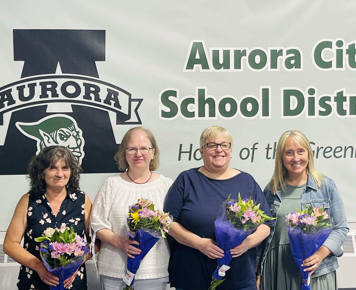 Congrats to Aurora High School Educators Ellen Marks and Lisa Cuneo who were Honored at tonight’s BOE Meeting with the Excellence in Service Award alongside Miller staff members Stacey Slackford Barnes & Milka Begovic! #UnitedGreenmen @Greenmensteward @GreenmenGO @DrPMilcetich…