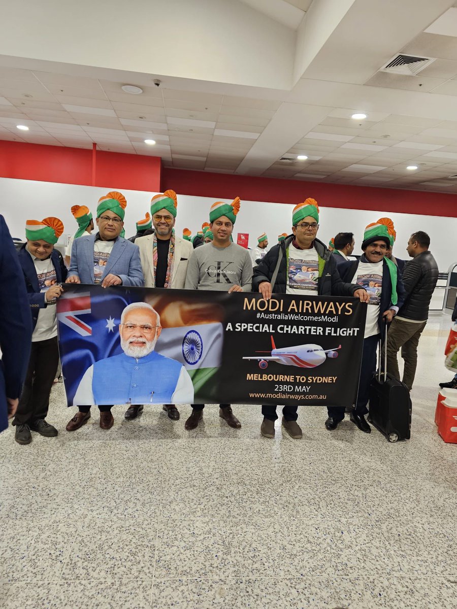 sidhant's tweet photo. "Modi airways" arrives with Indian diaspora members from all across Australia @WIONews https://t.co/5SPsajh0M7
