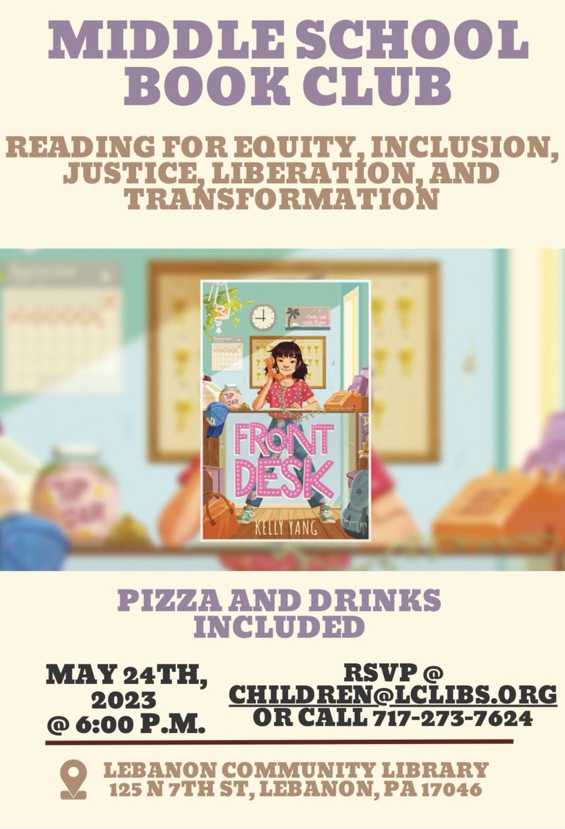 Mrs. Kerrie Becker (@mrsbeckerccms) on Twitter photo There’s still time to sign up to join a great book club for middle schoolers! ✅ It Out at the Lebanon Community Library this Wed 5/24 @ 6 pm! 📚 We’re reading #FrontDesk by <a href="/kellyyanghk/">Kelly Yang</a> 
<a href="/CCMSBlueAggies/">CCMS Blue Aggies</a> <a href="/ccmsironmasters/">Ironmasters</a> <a href="/CCMSTeamBLAST/">Team Blast</a> <a href="/TeamForgeCCMS/">TeamForge</a> There’s still time to sign up to join a great book club for middle schoolers! ✅ It Out at the Lebanon Community Library this Wed 5/24 @ 6 pm! 📚 We’re reading #FrontDesk by <a href="/kellyyanghk/">Kelly Yang</a> 
<a href="/CCMSBlueAggies/">CCMS Blue Aggies</a> <a href="/ccmsironmasters/">Ironmasters</a> <a href="/CCMSTeamBLAST/">Team Blast</a> <a href="/TeamForgeCCMS/">TeamForge</a>