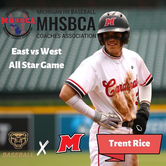 mikerice02's tweet photo. Congratulations to @OaklandBSB commit @tr3ntrice &amp; @MacombBaseball  commit @BlakeLutzky for being selected to play for East in the  @MHSBCA1 all star game at Comerica Park on June 26th - @CardinalMooneyC ⚾️ #eachpitch https://t.co/R2K7pWzLUk