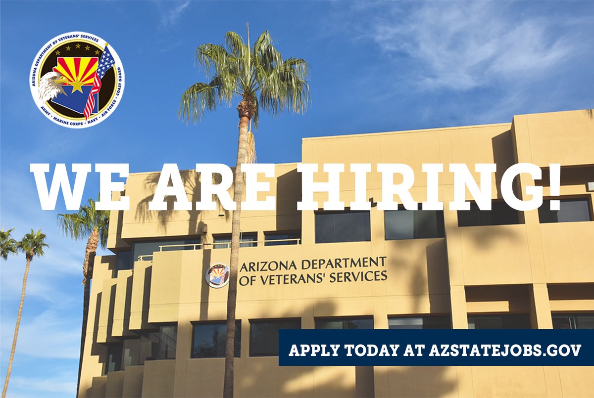 Join the Arizona Department of Veterans' Services team!

To see what job opportunities are available 🖱️ bit.ly/30fcIni

#AZVets #Veterans #nowhiring #AZHiresVets #governmentjobs #statejobs