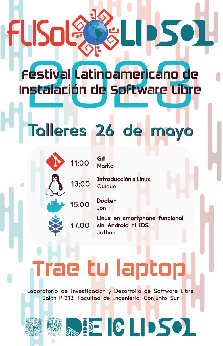 El Laboratorio de Investigación y Desarrollo de Software Libre te invita este viernes 26 de mayo como parte de las actividades del #FLISoL 2023 a participar en los talleres introductorios de Git, Linux y Docker, así como a conocer PinePhone, un celular con GNU/Linux. :D