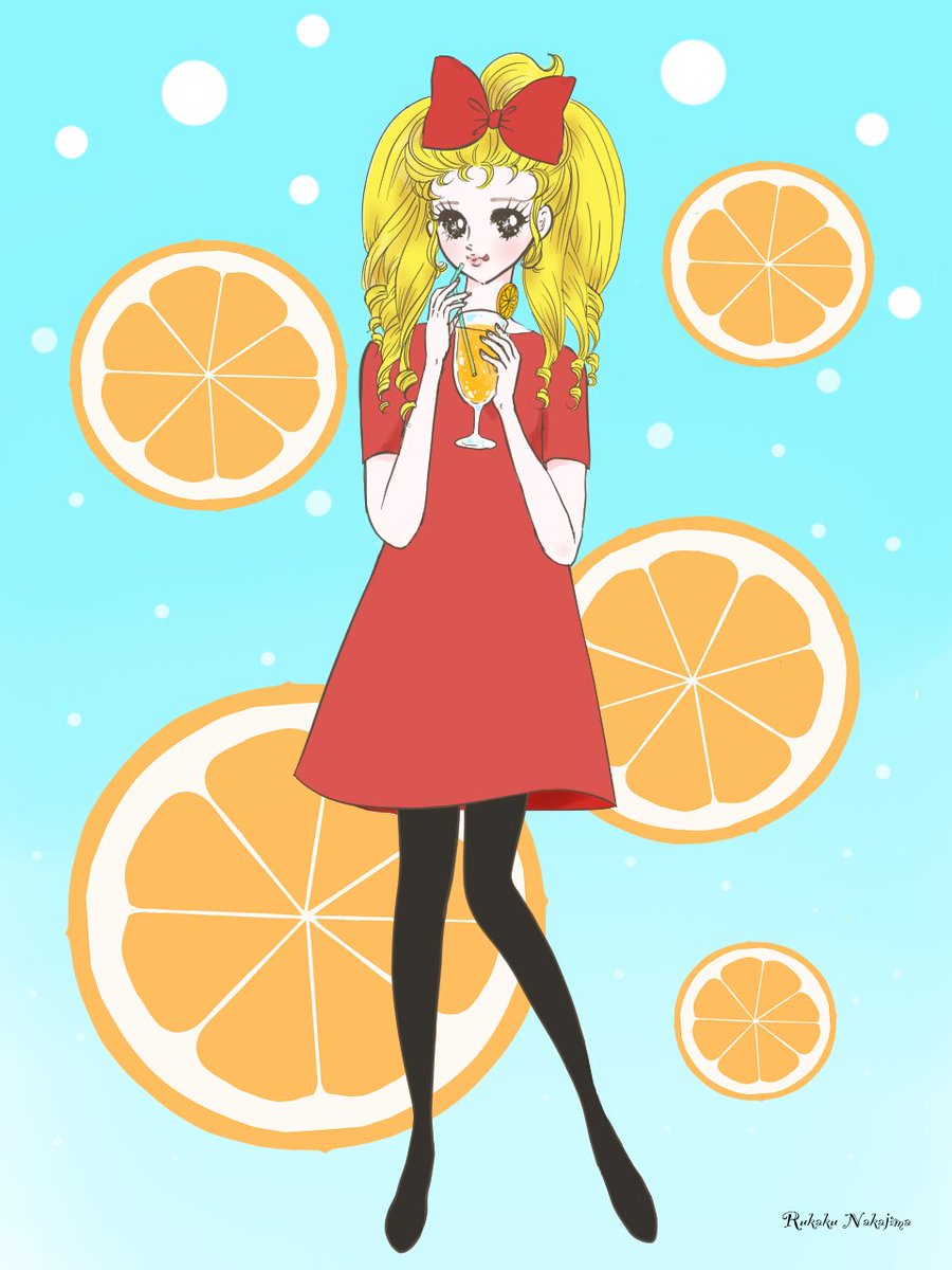 1girl solo dress blonde hair food fruit orange (fruit)  illustration images