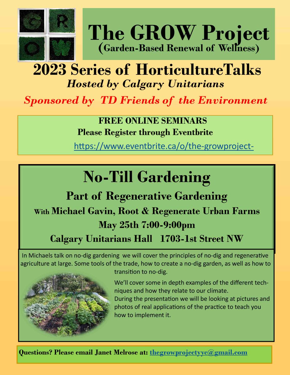 Coming up this Thursday, May 25th is the 5th talk in The Grow Project series of talks for 2023. Michael Gavin will be talking No-Till Gardening!
Please register through Eventbrite: eventbrite.ca/o/the-growproj…
Hope to see you there! Janet :)