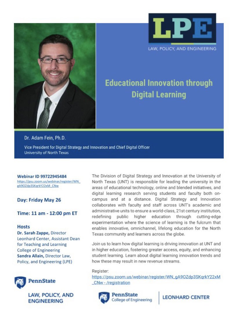 Join <a href="/PSU_LPE/">Law, Policy & Engineering (LPE)</a> and the Leonhard Center for Enhancement of Engineering Education at <a href="/PSUEngineering/">Penn State College of Engineering</a> on Friday May 26 at 11:00 am ET as we host the webinar “Educational Innovation through Digital Learning” with <a href="/adamfein/">Adam Fein</a> Register psu.zoom.us/webinar/regist… #onlineeducation #innovation