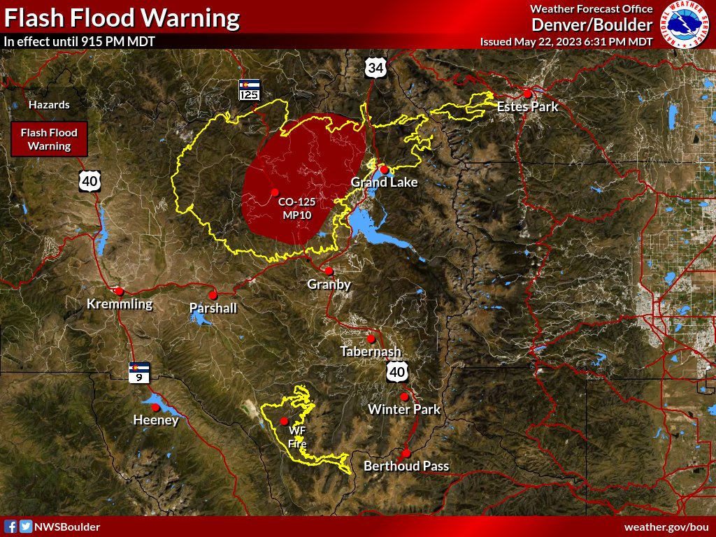 The Flash Flood Warning includes Highway 125 north of Granby,  #COwx
