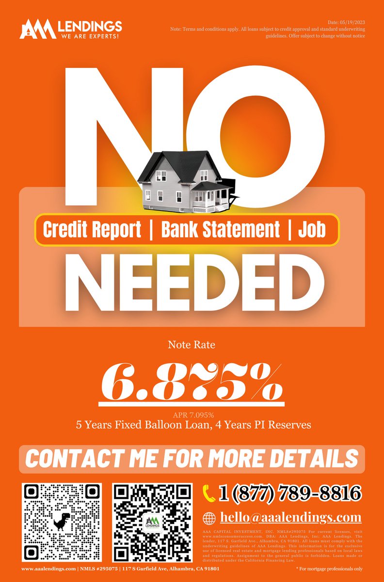 🔥NO Credit Report Needed! 🔥NO Bank Statement Needed! 🔥NO Job Needed!!  

Call us for more info. We deliver flexible lending options.  

#homefinancing #fastclosingprocess #nocreditcheck #homeownership #dreamhomes #easyfinancingoptions #nonqmlending