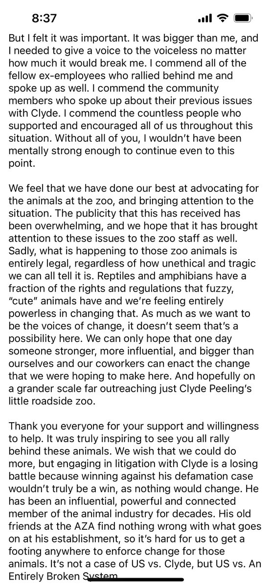 For those of you following the allegations against Clyde Peeling’s Reptiland - he’s bullied previous keepers into keeping quiet about his abuses against his animals. And he is STILL AZA-accredited. The system is broken, and these animals are being legally allowed to suffer.