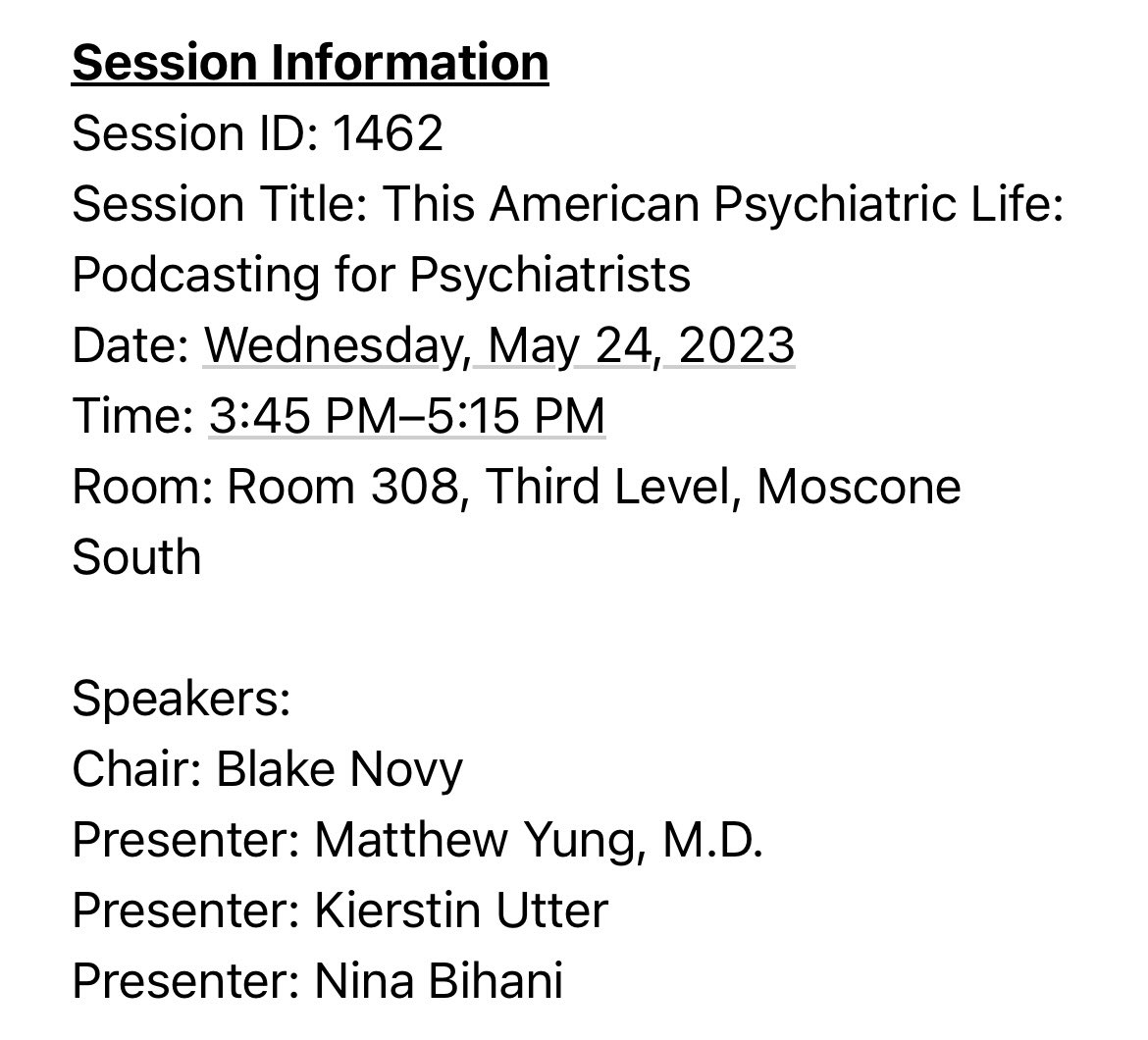 I’ll be giving a workshop on podcasting for @APApsychiatric conference with the rest of the @AJP_ResJournal media editor crew. Vocal fry and SM7B not included. #APAAM23