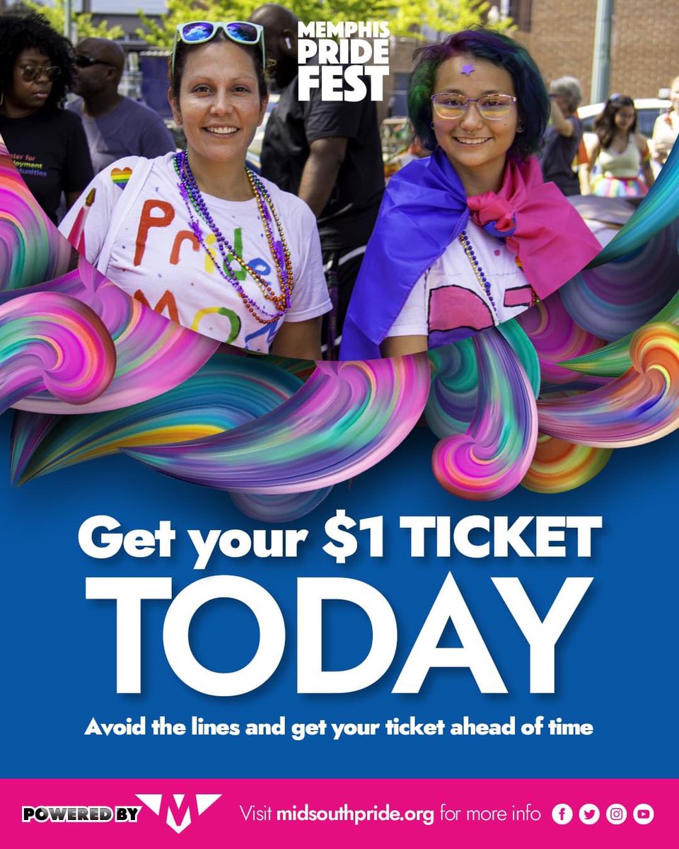 Great news! Tickets are now available for just $1 🎟️ Click the link to purchase your ticket today: shorturl.at/fiBLO
 
Don't wait until the last minute! Buy your #MemphisPrideFest ticket now 🌈  

June 1st - 4th 
10 AM - 6 PM
Robert Church Park
Info: midsouthpride.org