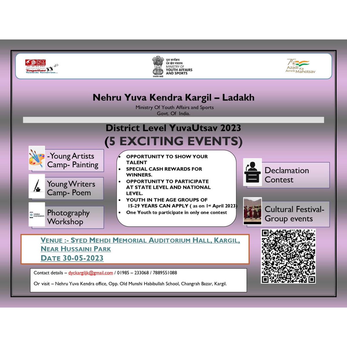 DIPR_Kargil's tweet image. Don&apos;t miss out on this incredible event that celebrates the brilliance of youth. 
Register yourself to participate in Yuva Utsav, to be held  on 30th of May 2023, at auditorium hall kargil. Last date to register - 27th May. #YuvaUtsav #YouthProgram #YuvaShakti

@NYKkargil