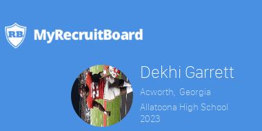 2023 Dekhi Garrett 
<a href="/Dekhigdk5/">Dekhi Garrett</a>
Acworth, Georgia
Allatoona High School
@TheFortFootball
6'1", 173, 4.6
WR S  
 Profile Views by College Coaches: 295
myrecruitboard.com/#/athlete/a230…
