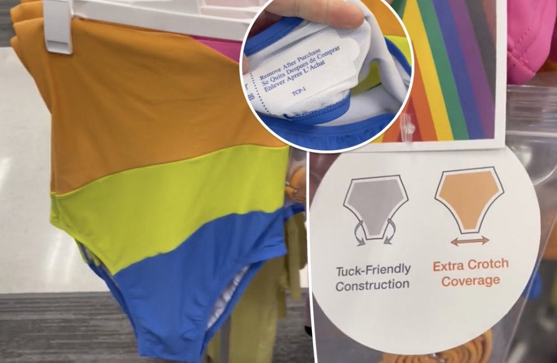 A. H. on X: A bunch of conservatives are upset because Target is selling a  women's bathing suit in the Pride section that has a tag that says, 'tuck-friendly  construction.' They claim